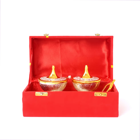 Handcrafted and Hand Embossed Premium Brass Bowl and Spoon Set with Miniature Table Trolley